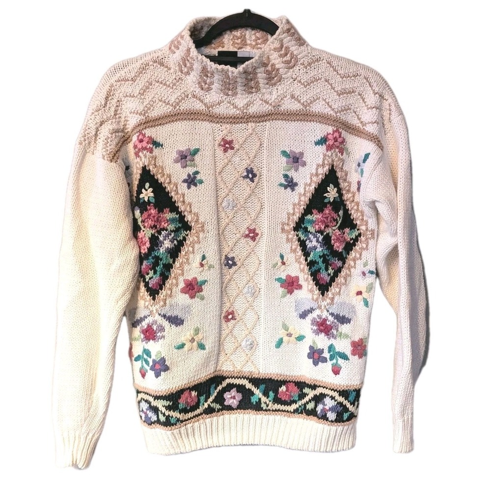 Large Beldoch‎ Popper Women Hand Knit Floral Pullover Y2K Mock 3-D Sweater